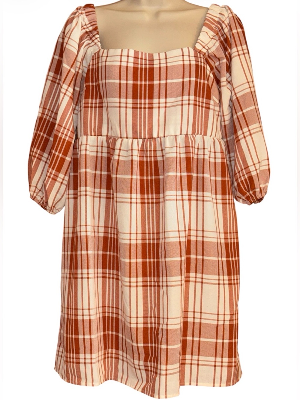 Monteau Los Angeles Rust Orange and Cream Plaid Square-Neck Dress, Size Large